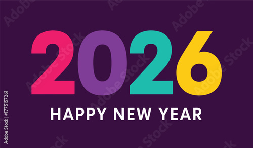 Bold, vibrant graphic displaying the year 2026 in bright, contrasting colors and the text 'happy new year' below, perfect for celebratory or forward-looking themes