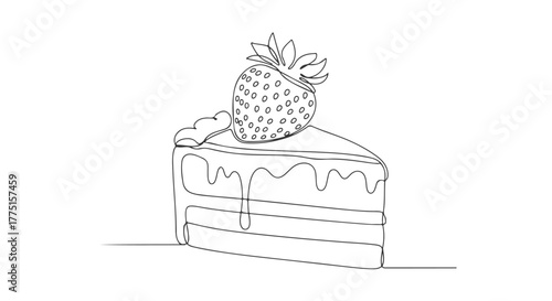 A delectable dessert cake slice adorned with a fresh strawberry, depicted in a flowing one continuous line drawing illustration, ideal for minimalist designs