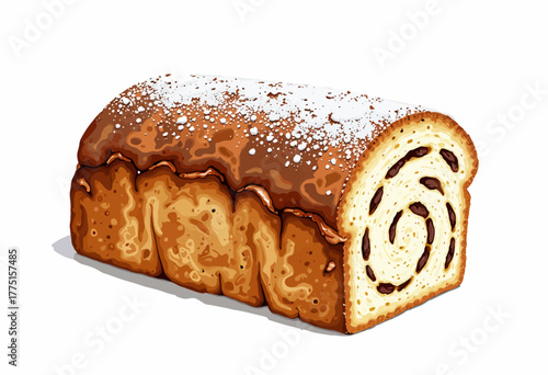 Illustration of a Freshly Baked Loaf of Swirled Bread with a Golden Crust and Light Sugar Dusting on a White Background Capturing a Delicious Homemade Pastry