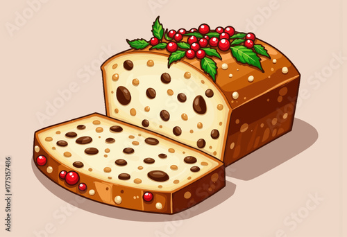 Illustration of a Festive Fruitcake Rich with Nuts and Berries Featuring a Decorative Arrangement of Vibrant Green Leaves and Red Berries on Top