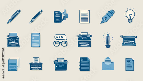 Illustration of writing related items including typewriters, pens, seo and lightbulbs icons