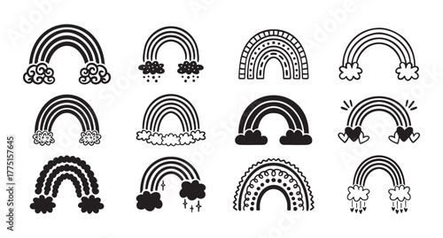 monochrome rainbow icon black set, flat cartoon hand drawn cute rainbow style. Rainbows with clouds hand drawn elements collection.
