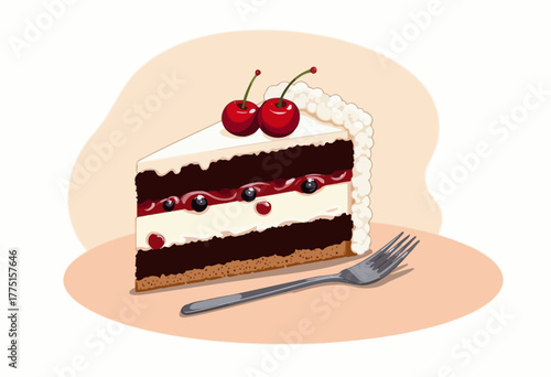 Illustration of a delectable chocolate and cream cake slice topped with fresh cherries, layered with cherry jam, and accompanied by a silver fork