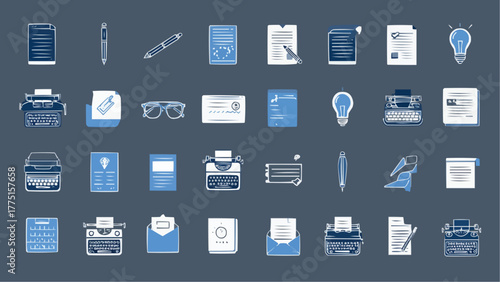 Collection of writing related illustrations featuring typewriters, pens, paper and lightbulbs in blue and white