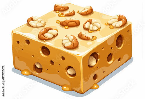 A Rich and Creamy Caramel Treat Studded with Crunchy Nuts and Featuring Playful Decorative Holes for a Unique Textured Dessert Experience