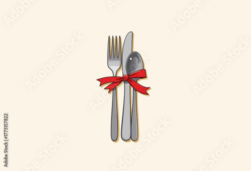 Elegant Silverware Tied with a Red Ribbon Depicting an Invitation to a Special Dining Experience or Celebration Setting