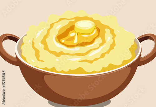 Illustration of a Large Bowl of Creamy Mashed Potatoes with Butter Drizzling Over the Surface, Highlighting a Rich and Comforting Culinary Presentation