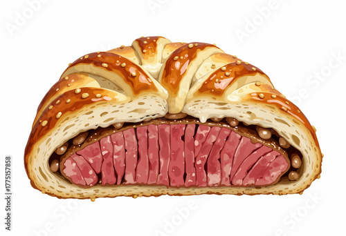 Illustration of a Gourmet Beef Wellington Wrapped in Golden Flaky Pastry with Juicy Pink Center and Seasoned with Sea Salt and Peppercorns