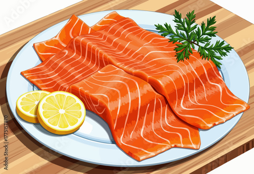 Freshly Prepared Salmon Fillets with Vibrant Green Garnish and Lemon Slices on a Wooden Chopping Board for Culinary Delight