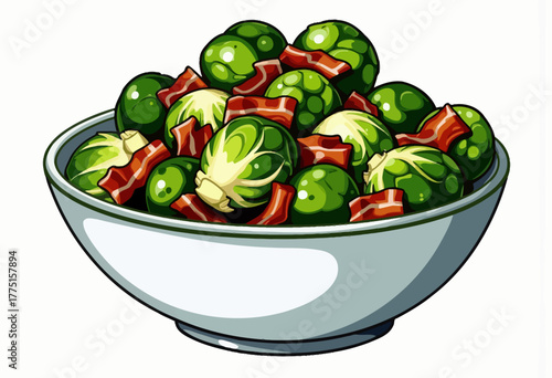 Bowl of Freshly Steamed Brussels Sprouts Mixed with Crispy Bacon Strips for a Flavorful and Nutritious Dish