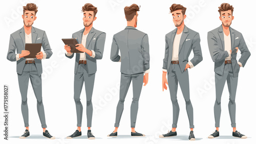 Illustrative character sheet of a man in a grey suit in various poses and viewing angles shown