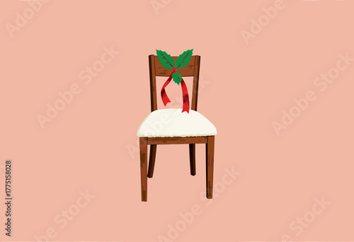 Festive Wooden Chair with White Cushion and Decorative Bow Featuring Green Leaves and Red Ribbon on Peach Background