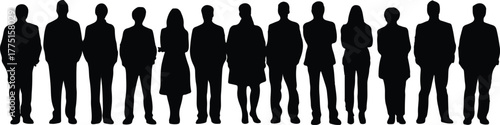 Silhouettes of Diverse People Standing in a Row on White Background