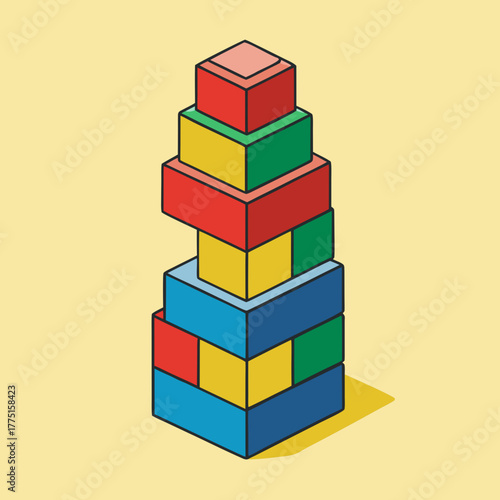 A stack of colorful building blocks in isometric view