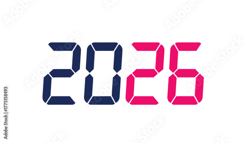 Digital numbers 2026 in dark blue and bright pink segments, representing the new year, future, celebration, and forward planning with a clean, minimalist aesthetic on a white background.