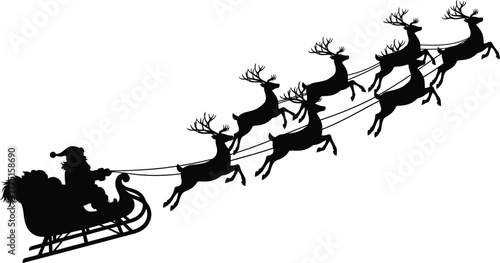 Santa claus in his sleigh being pulled by eight reindeer, isolated on white background, flying through the night sky, spreading christmas cheer