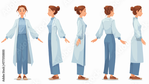 Illustration of a woman in a lab coat shown from multiple angles in a medical or professional setting