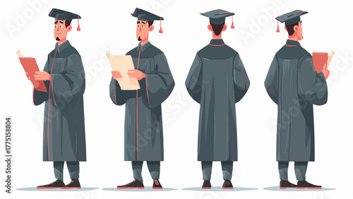 Illustrations of a graduate in academic dress holding a diploma from multiple perspectives shown here
