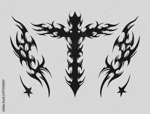 Cross and wings tribal tattoo design in death metal style