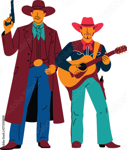 Cartoon Cowpokes One with a Gun, the Other with a Guitar for a Serenade