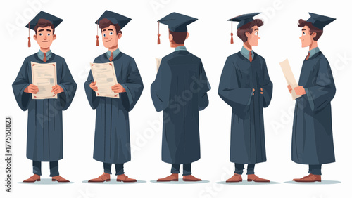 Illustrations of a young man in graduation attire holding a diploma in different poses and perspectives