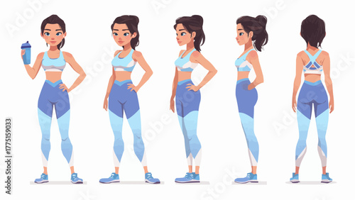 Athletic woman in sportswear poses in multiple views showing different angles of her outfit and physique