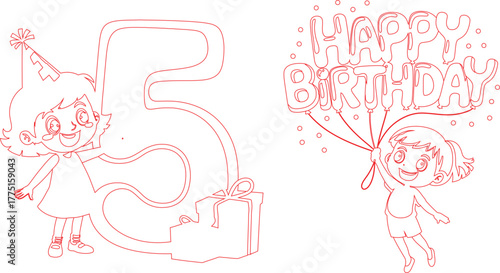 Fifth Birthday Celebration with Animated Kids, Gift, and Balloon Lettering in a Red Outline Drawing