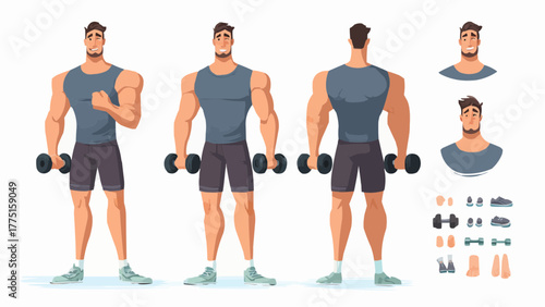 Illustration of a muscular man in various poses lifting dumbbells on a white background studio shot