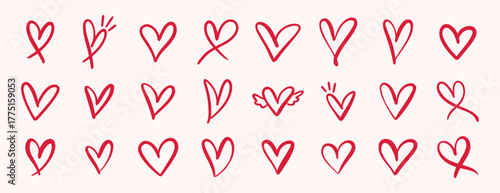 pink hand drawn hearts. unique heart various styles and shapes. Pink hearts doodle artistic set. Valentines hearts