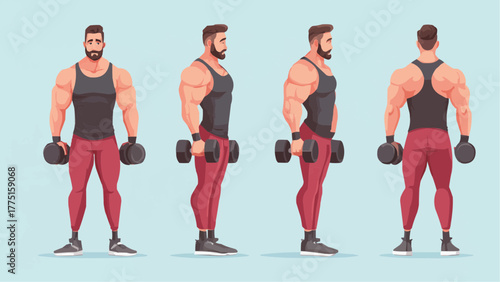Illustrative muscular man in different poses lifting dumbbells during a workout session at the gym