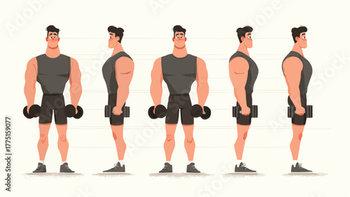 Illustration of a muscular man in various poses lifting dumbbells against a white background
