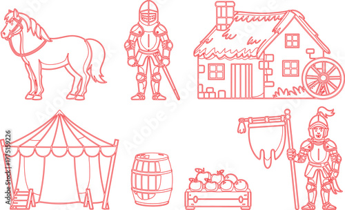 Medieval Kingdom Cartoon Outline Knight, Horse, Cottage, Tent, Barrel, Apples, and Flag Illustration