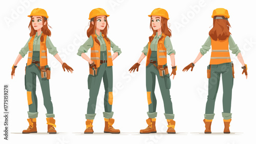 Illustration of a female construction worker in various poses wearing safety gear and work clothes