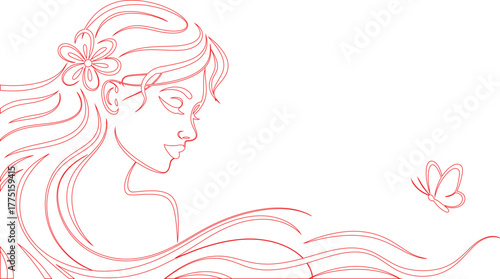 Red Line Art Serene Woman with Flower in Hair and Butterfly Sketch Illustration