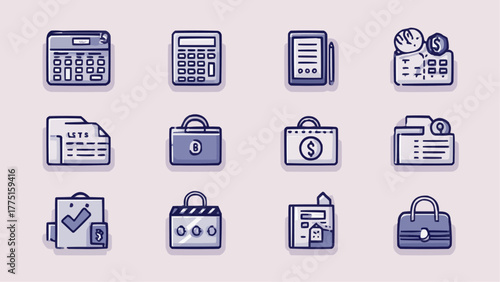 Twelve financial icons including calculators, documents, bags and folders arranged in a grid pattern