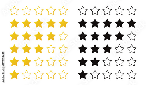 Star rate icons vector set. Star rate flat yellow and black style.