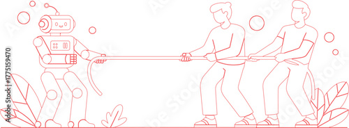 Red Outline Drawing of a TugofWar Between a Robot and Two Humans with Plants