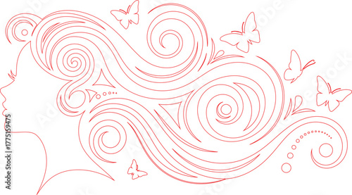 Red Line Art Woman's Profile with Swirling Hair and Butterfly Outlines Against White