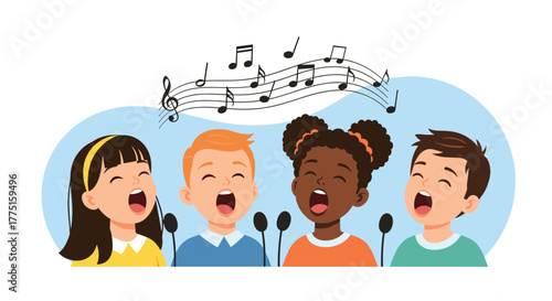 Diverse group of children singing joyfully together with musical notes above them.
