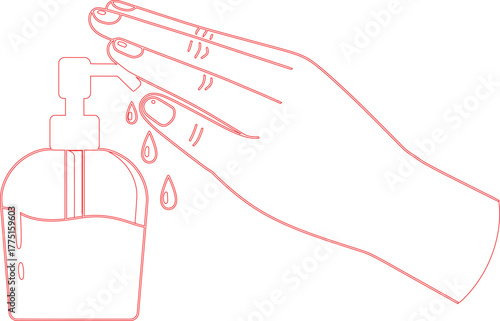 Red Outline Illustration of Hand Washing with Soap Dispenser and Water Droplets on White Background