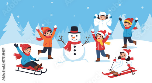 Children enjoying winter activities like sledding, skiing, and snowball fights around a snowman.
