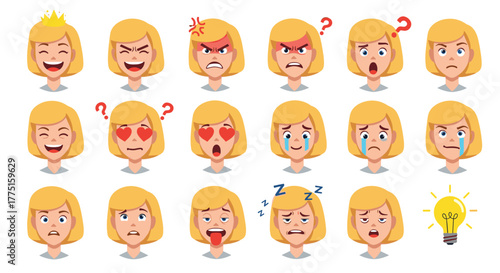 Collection of diverse female avatar facial expressions and emotions, from joy to anger and sleepiness.