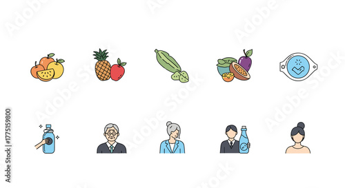 A collection of flat icons featuring fruits, vegetables, people, and a verification symbol.