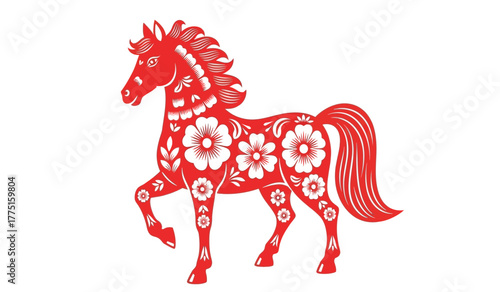 Red paper cut horse with floral patterns, traditional chinese folk art symbol of strength and good fortune, illustration isolated on white background.
