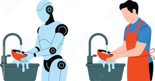 Robot Versus Human Washing Dishes at Sink With Orange Bowl Illustration