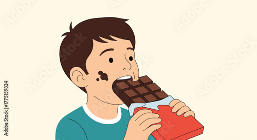 Young boy with chocolate smudges on his cheek eats a large chocolate bar.