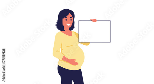 Smiling pregnant woman holding a blank white sign for text or graphics.