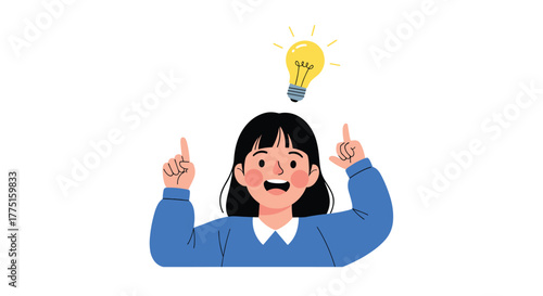 Young woman with a light bulb above her head has a brilliant idea.