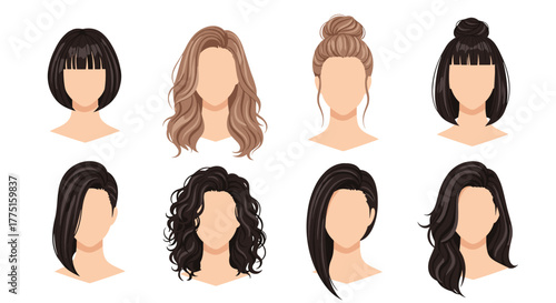 Collection of eight diverse female hairstyles rendered in a flat, vector illustration style.