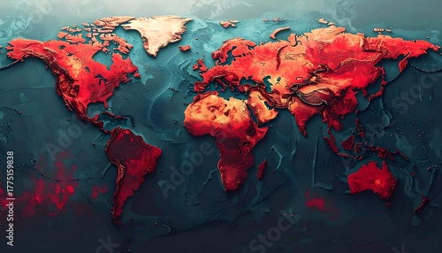 Abstract 3D world map visualizing pervasive global challenges and interconnected impact zones through striking red and orange topographic elevations, highlighting widespread intensity